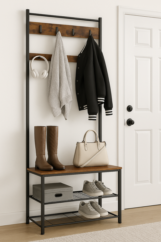Industrial style coat rack with 9 hooks, rustic bench, and metal shoe shelves for entryway or hallway storage

