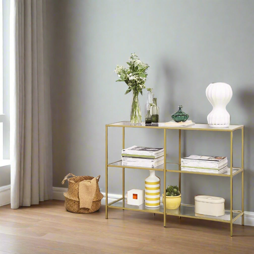 3-Tier Console Table with Tempered Glass Display Shelf