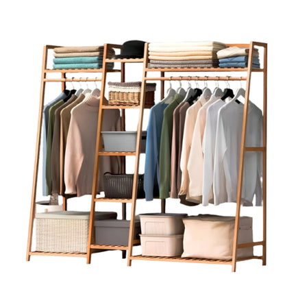 Bamboo Garment Rack with 2 Hanging Rods & 5 Tier Storage Shelves – Natural Wood Finish