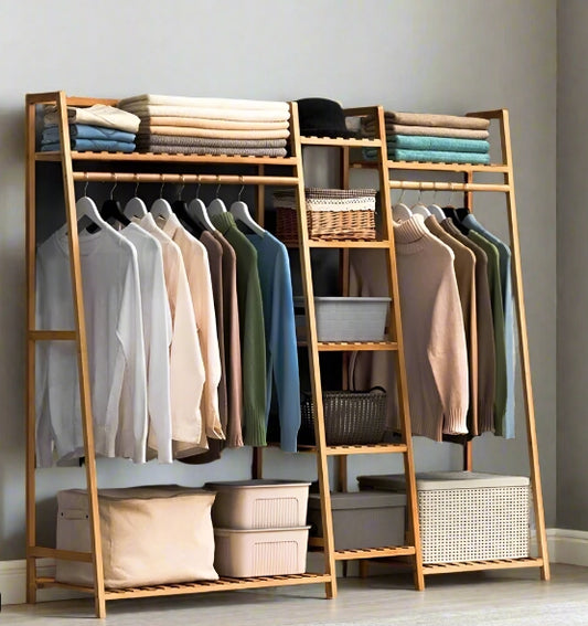 Natural bamboo garment rack with two hanging rods and five tier storage shelves

