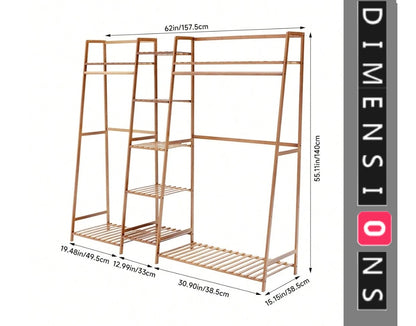 Bamboo Garment Rack with 2 Hanging Rods & 5 Tier Storage Shelves – Natural Wood Finish