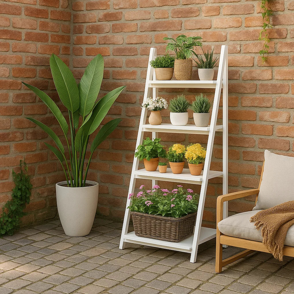 4-Tier Foldable Wooden Plant Stand – Ladder Shelf Display Rack for Indoor & Outdoor Plants