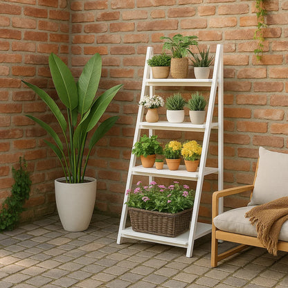 4-Tier Foldable Wooden Plant Stand – Ladder Shelf Display Rack for Indoor & Outdoor Plants