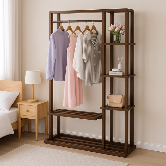 Solid bamboo clothes rack with shelves and hanging rail, nut-brown freestanding open wardrobe
