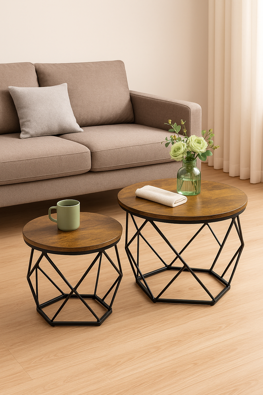 Set of 2 round industrial coffee tables with black metal frames and rustic wood tops

