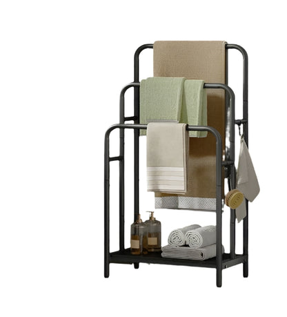Freestanding 3-Bar Towel Rack with Hooks & Storage Shelf, Ink Black, 50x30x100 cm