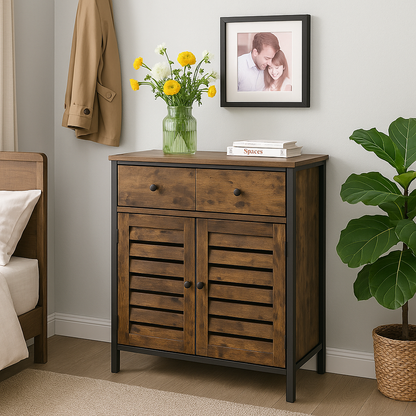 Rustic Floor Cabinet with Drawer & Louvered Doors – Freestanding Storage Unit for Hallway or Bedroom