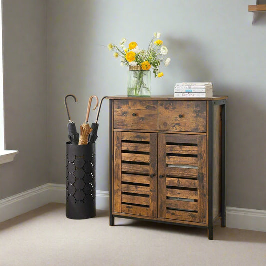 Rustic brown freestanding floor cabinet with drawer and louvered doors in a modern hallway setting