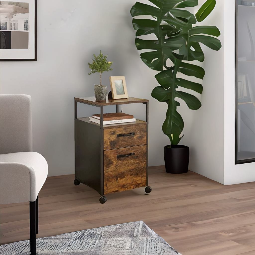 Industrial Mobile Filing Cabinet with Drawer & Wheels – Rustic Brown & Black Office Storage