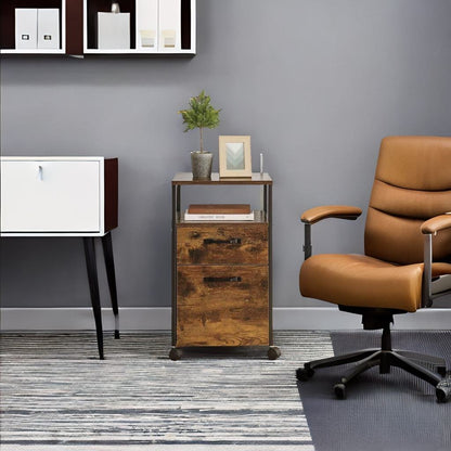 Industrial Mobile Filing Cabinet with Drawer & Wheels – Rustic Brown & Black Office Storage