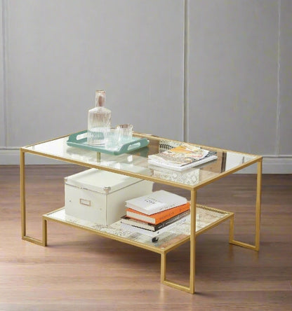 Modern Glass Coffee Table with Storage – Gold Steel Frame, Tempered Glass Shelves