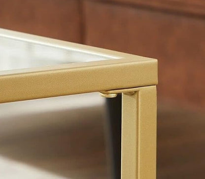 Modern Glass Coffee Table with Storage – Gold Steel Frame, Tempered Glass Shelves