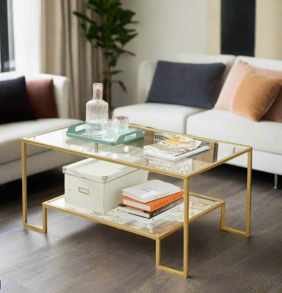 Modern Glass Coffee Table with Storage – Gold Steel Frame, Tempered Glass Shelves