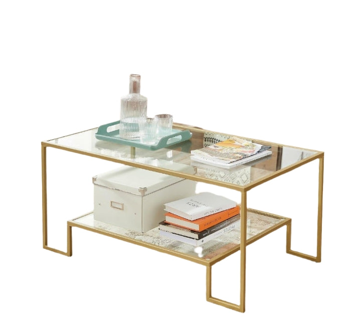 Modern Glass Coffee Table with Storage – Gold Steel Frame, Tempered Glass Shelves