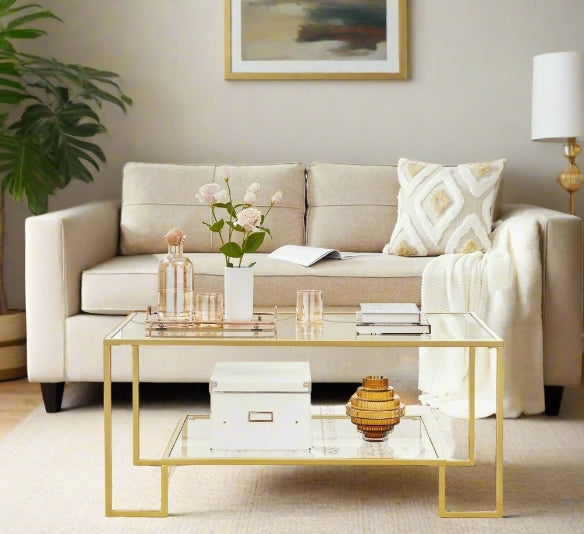 Modern Glass Coffee Table with Storage – Gold Steel Frame, Tempered Glass Shelves