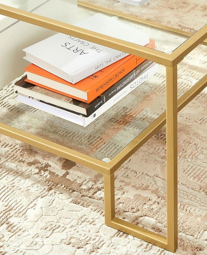 Modern Glass Coffee Table with Storage – Gold Steel Frame, Tempered Glass Shelves