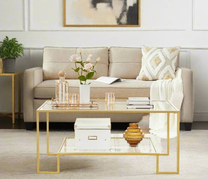 Modern Glass Coffee Table with Storage – Gold Steel Frame, Tempered Glass Shelves