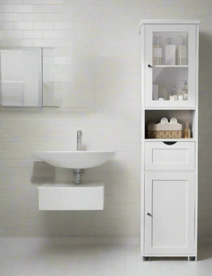 Free-Standing Tall Bathroom Cabinet with Drawer, Glass Door & Open Shelf - Cloud White