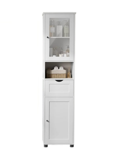 Free-Standing Tall Bathroom Cabinet with Drawer, Glass Door & Open Shelf - Cloud White
