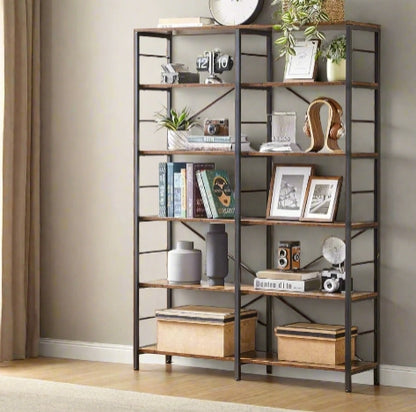 6-Tier Industrial Bookshelf with Steel Frame – Rustic Brown & Ink Black Tall Storage Shelf, 120 cm Wide