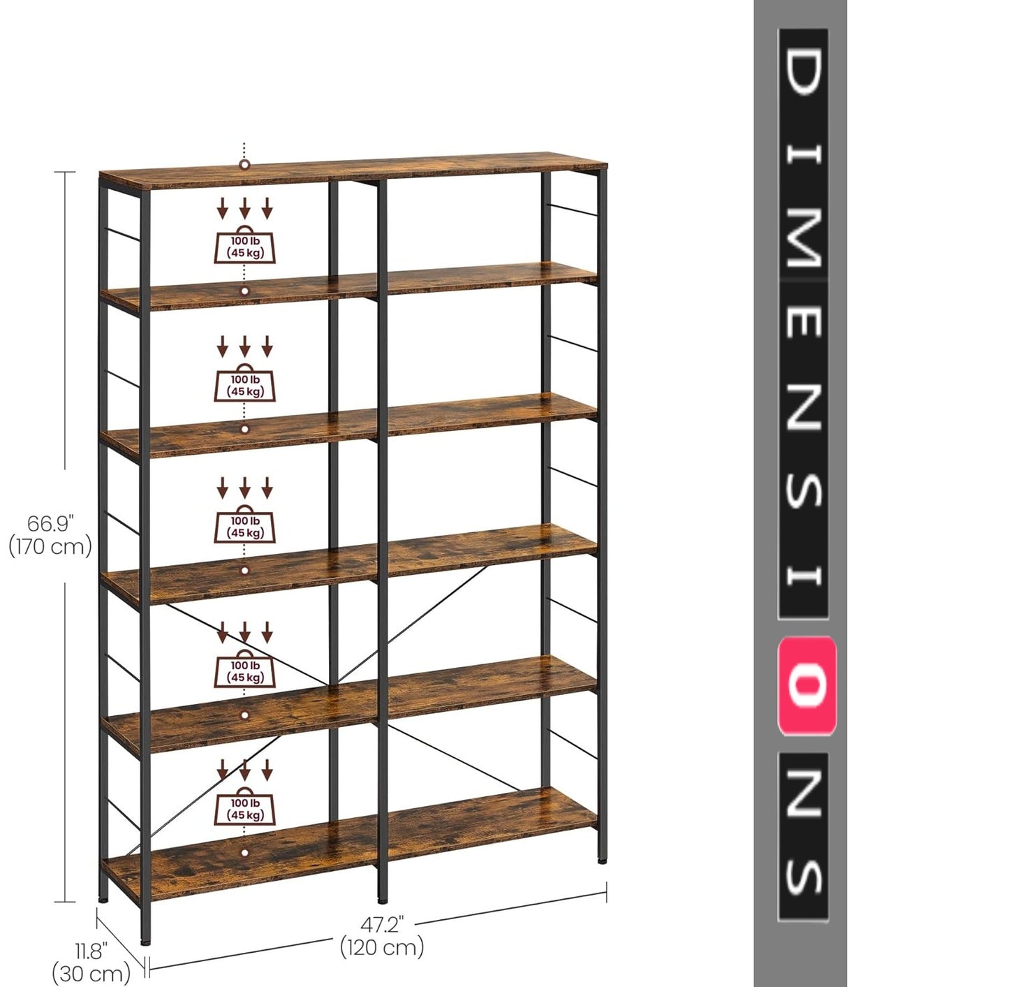 6-Tier Industrial Bookshelf with Steel Frame – Rustic Brown & Ink Black Tall Storage Shelf, 120 cm Wide