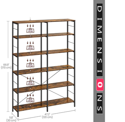 6-Tier Industrial Bookshelf with Steel Frame – Rustic Brown & Ink Black Tall Storage Shelf, 120 cm Wide
