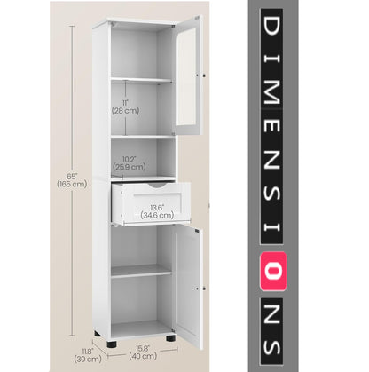 Free-Standing Tall Bathroom Cabinet with Drawer, Glass Door & Open Shelf - Cloud White