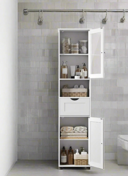 Free-Standing Tall Bathroom Cabinet with Drawer, Glass Door & Open Shelf - Cloud White