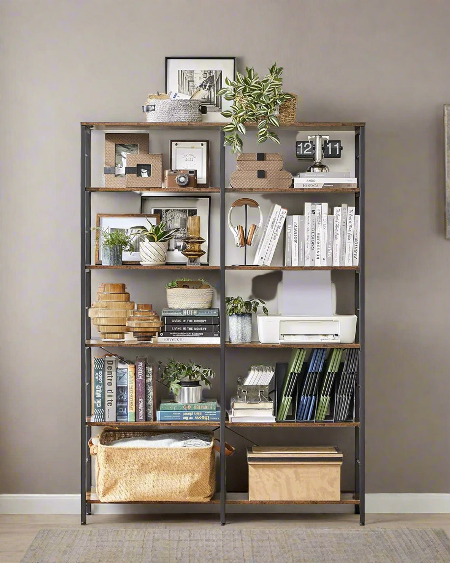 6-Tier Industrial Bookshelf with Steel Frame – Rustic Brown & Ink Black Tall Storage Shelf, 120 cm Wide