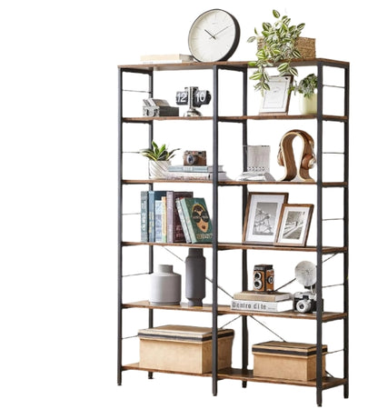 6-Tier Industrial Bookshelf with Steel Frame – Rustic Brown & Ink Black Tall Storage Shelf, 120 cm Wide