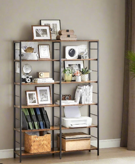 6-Tier Industrial Bookshelf with Steel Frame – Rustic Brown & Ink Black Tall Storage Shelf, 120 cm Wide