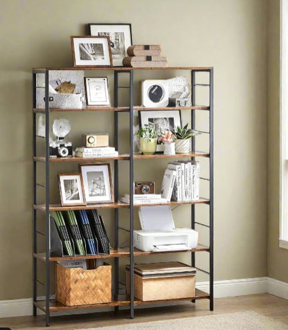 6-Tier Industrial Bookshelf with Steel Frame – Rustic Brown & Ink Black Tall Storage Shelf, 120 cm Wide