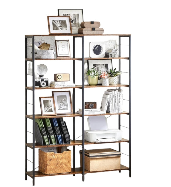 6-Tier Industrial Bookshelf with Steel Frame – Rustic Brown & Ink Black Tall Storage Shelf, 120 cm Wide
