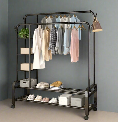 Black Heavy Duty Double Clothes Rail with Wheels – Garment Hanging Rack & Storage Shelf