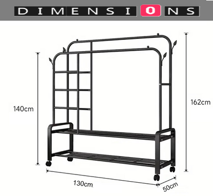 Black Heavy Duty Double Clothes Rail with Wheels – Garment Hanging Rack & Storage Shelf