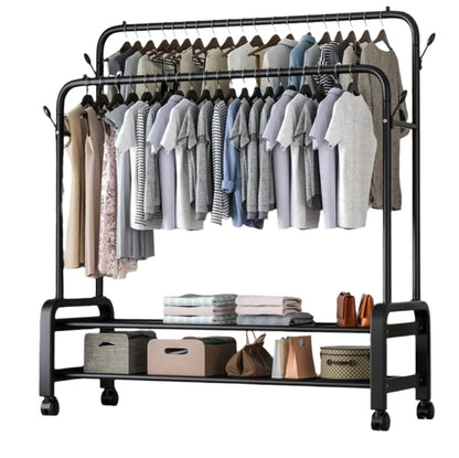 Black Heavy Duty Double Rail Clothes Rack – Garment Hanging Stand with Wheels