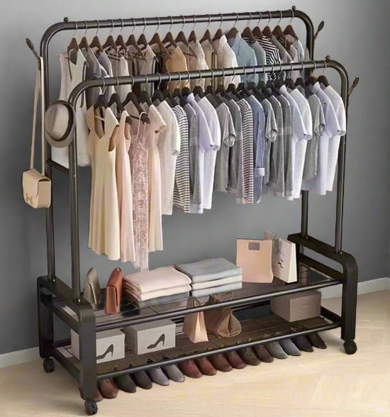 Black Heavy Duty Double Rail Clothes Rack – Garment Hanging Stand with Wheels