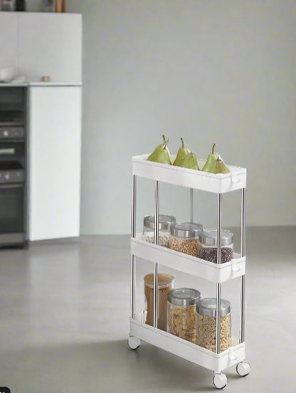 Slim white 3-tier rolling storage trolley with wheels and hooks, ideal for tight spaces in kitchens or bathrooms


