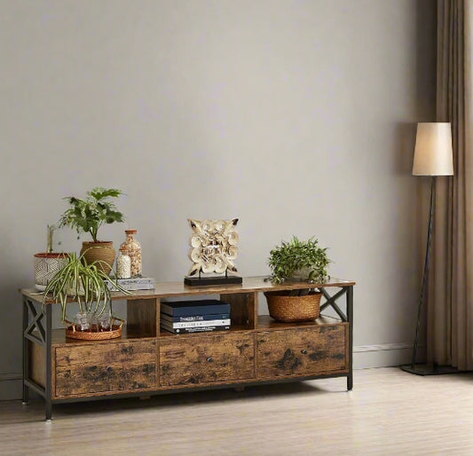 Industrial TV stand with drawers and shelves for 65-inch TVs, rustic brown wood and black metal frame

