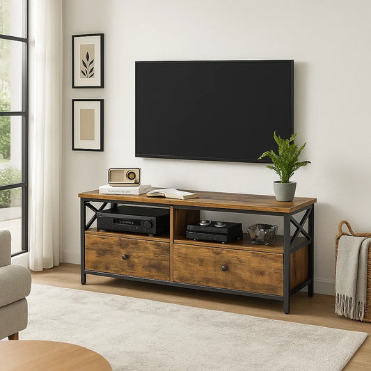 Rustic industrial TV cabinet with drawers and shelves for 55-inch TVs, brown wood and black steel frame

