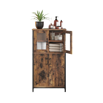 Industrial Storage Cabinet with Glass Doors & Adjustable Shelf – Rustic Brown & Black