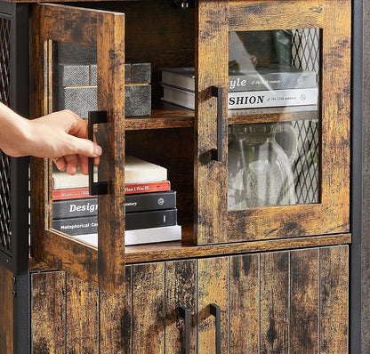 Industrial Storage Cabinet with Glass Doors & Adjustable Shelf – Rustic Brown & Black