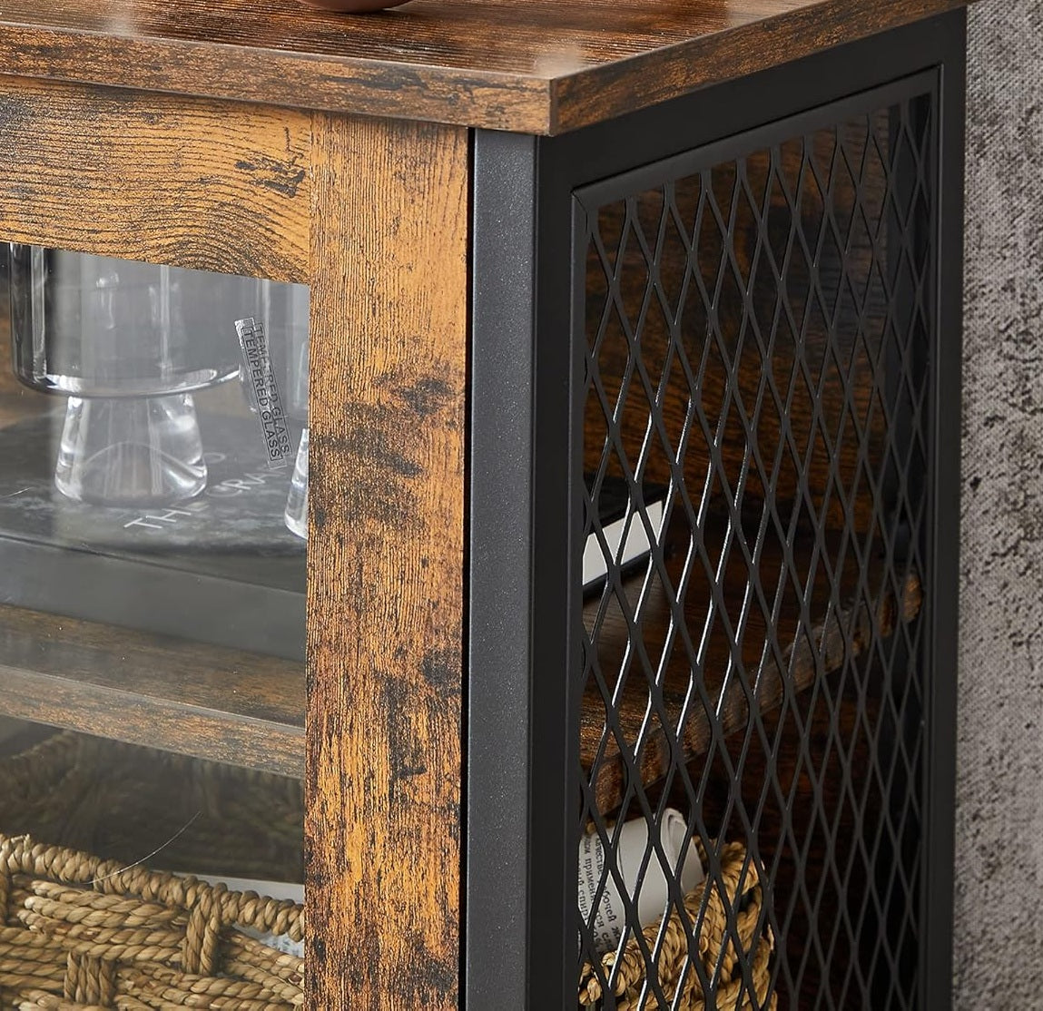 Industrial Storage Cabinet with Glass Doors & Adjustable Shelf – Rustic Brown & Black