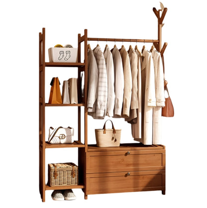 Large Heavy Duty Bamboo Clothes Rail Rack with Drawers & Hooks – Open Corner Garment Stand Wardrobe