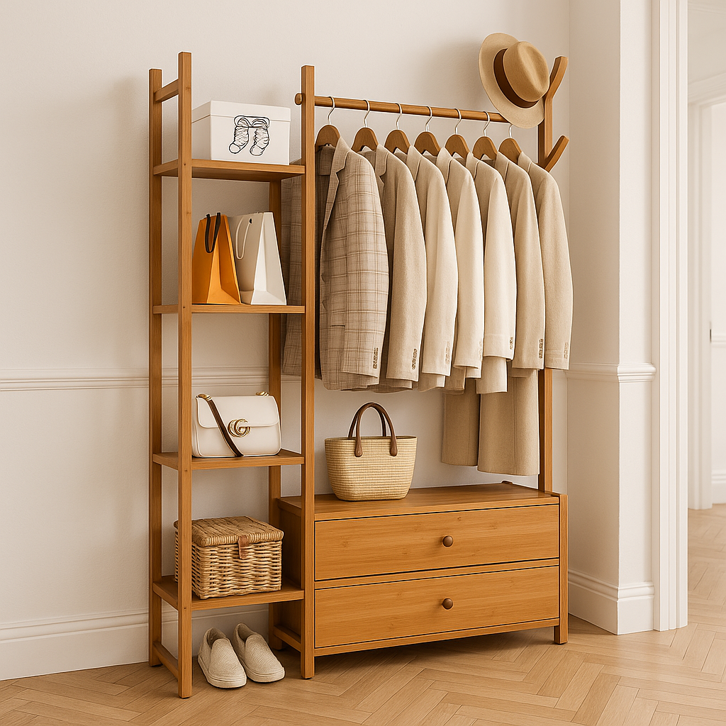 Heavy duty bamboo clothes rail rack with drawers and hooks in natural wood for bedroom or entryway storage

