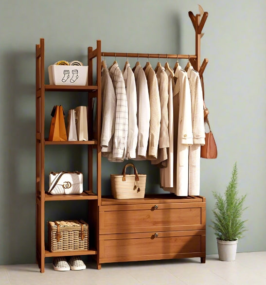 Heavy duty bamboo clothes rail rack with drawers and hooks in natural wood for bedroom or entryway storage

