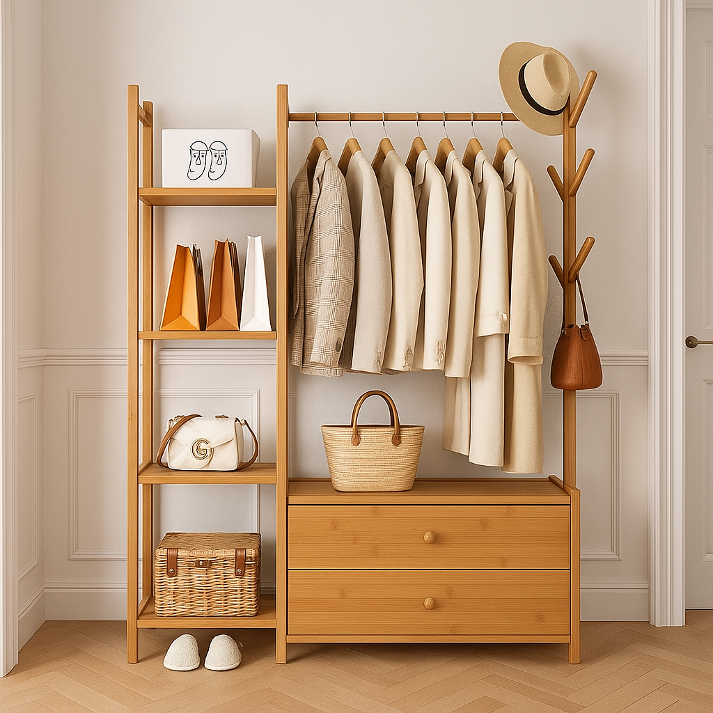 Large Heavy Duty Bamboo Clothes Rail Rack with Drawers & Hooks – Open Corner Garment Stand Wardrobe