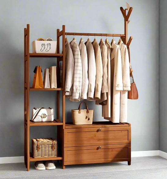 Large Heavy Duty Bamboo Clothes Rail Rack with Drawers & Hooks – Open Corner Garment Stand Wardrobe