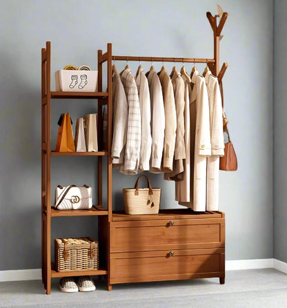 Large Heavy Duty Bamboo Clothes Rail Rack with Drawers & Hooks – Open Corner Garment Stand Wardrobe