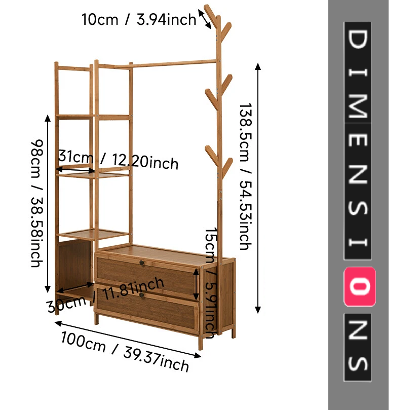 Large Heavy Duty Bamboo Clothes Rail Rack with Drawers & Hooks – Open Corner Garment Stand Wardrobe